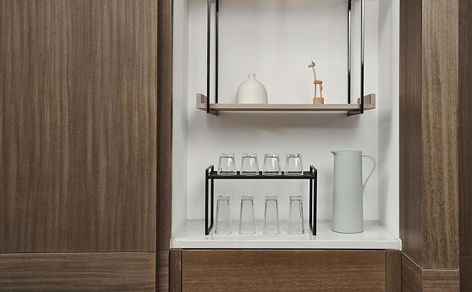 Shantton 2Pack Kitchen Cabinet Shelf Counter Organizer Rack Pantry Storage Bathroom Bedroom Office Table Desk Space Saving Stackable Rust Resistant Non Slip Black Tall Wide L16.1in W10.6in H9.5in