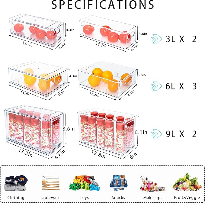 7 pack Stackable Refrigerator Organizer Bins Pull-Out Drawers for Fruit and Veggies Storage Organizer for Fridge Clear Drawer Containers with Handle Divided Organization for Produce Saver