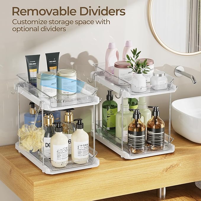 Delamu 2 Tier Under Sink Organizer Bathroom, Bathroom Cabinet Organizer with Snap-Lock Design and Hooks, Pull Out Storage with Movable Dividers, for Countertop, Kitchen and Pantry (White, 2 Pack)