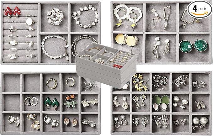 Set of 4 Stackable Jewelry Trays Organizer, Velvet Earring Organizer, Gray