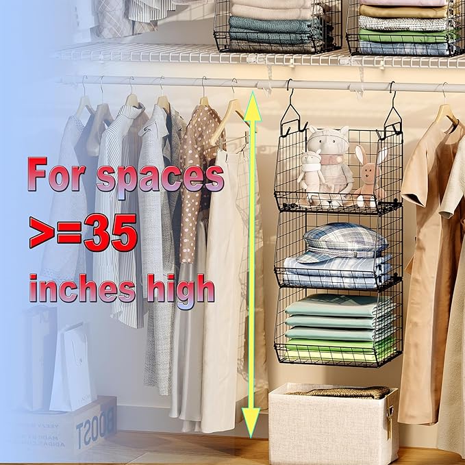 X-cosrack 3-Tier Hanging Closet Organizer, Laundry Room Organization | Space Saving Shelves with 1.65" Hook & 5 S-Hooks | Hanging Wire Baskets (12.4" W x 8.8" H x 10.24-11.8" D)