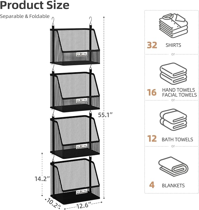 STORAGE MANIAC 4 Tier Hanging Closet Organizer with Mesh Baskets, Clothes Hanging Shelves, Foldable Stackable Storage, Space-Saving Collapsible Basket with Hooks for RV, Dorm, Bedroom, College, Black