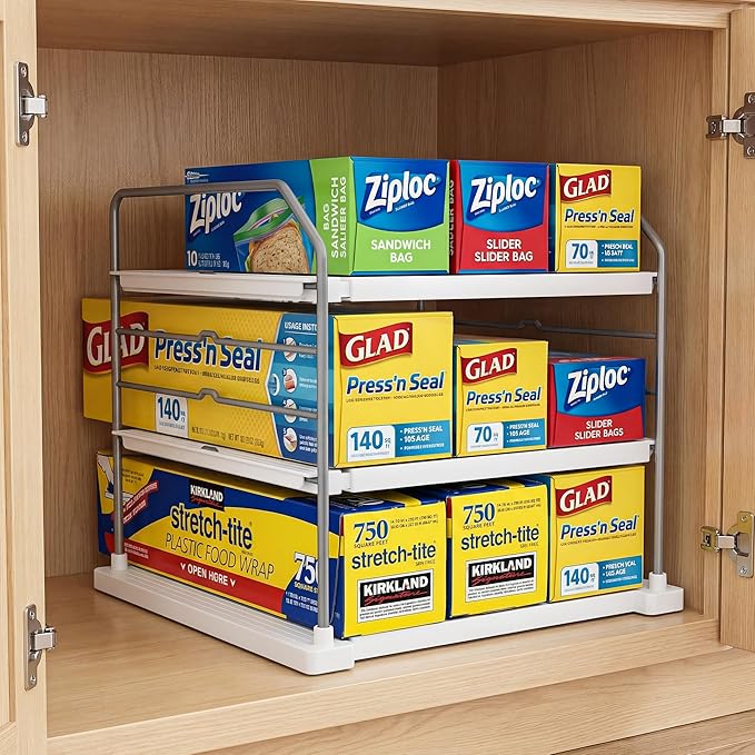 Extendable 3-Tier Kitchen Cabinet & Pantry Organizer for Plastic Wrap, Pack of 1