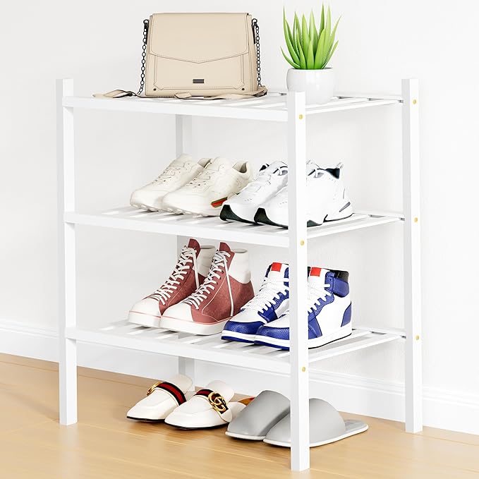 Smiry Small Bamboo Shoe Rack, 3 Tier Free Standing Wooden Shoe Organizer, Stackable Wood Shoe Storage Shelf for Closet, Entryway, 12 Vertical Slats, 2+1 Stack Standard Legs, 17.3"x11"x19.5", White