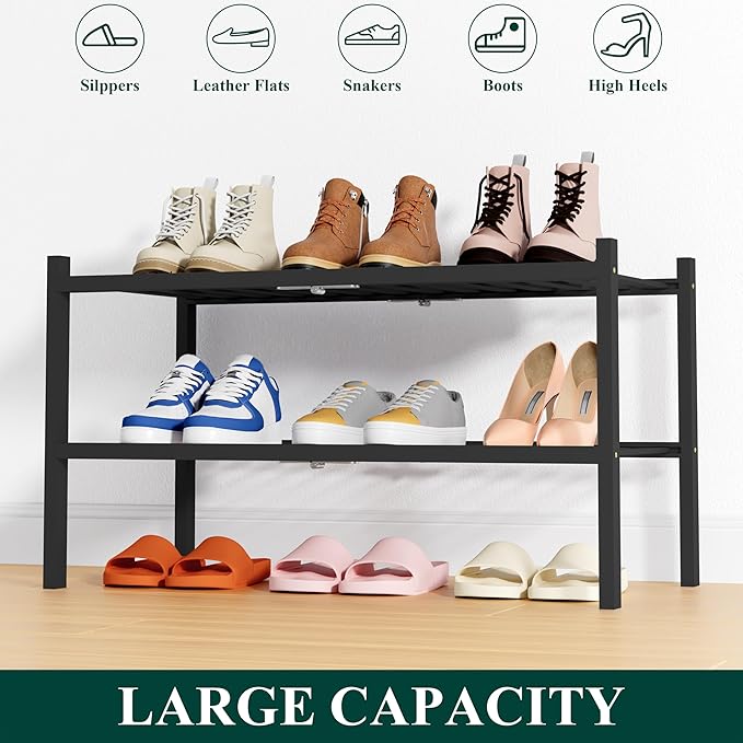 Smiry Bamboo Shoe Rack, 2 Tier Free Standing Wooden Shoe Organizer, Stackable Wood Shoe Storage Shelf for Closet, Entryway, 14 Vertical Slats, One-piece Heavy-Duty Legs, 26.8"x11"x13", Black