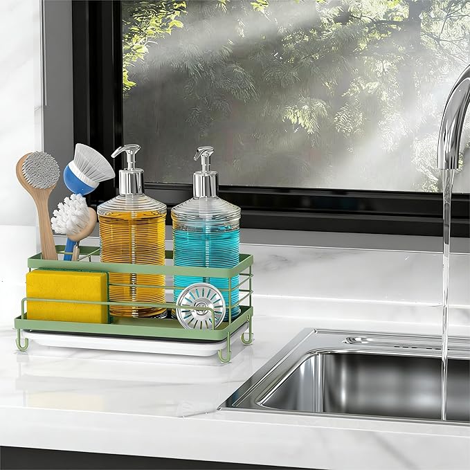 Cisily Sage Green Sponge Holder for Kitchen, Sink Caddy Sink Organizer Rack for Kitchen Accessories with Drip Tray, Rustproof and Non-slip, Soap Dispenser Countertop Organizer Essentials for New Home