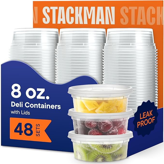 Stack Man 8 oz Deli Containers with Lids (48 Sets) – Clear Plastic Food Storage Containers, Airtight Leak-Resistant Seal, BPA-Free, Microwave & Freezer Safe, Sauce Snack Portion Takeout To-Go