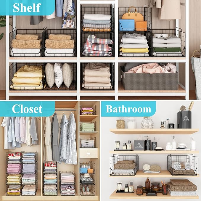 Jakyitvi Stackable Closet Organizers and Storage Bins 4 Pack, Sturdy Metal Clothes Storage Container for Clothes Pants Sweaters, Black Folded Drawer Shelf Organizer for Closet Wardrobe