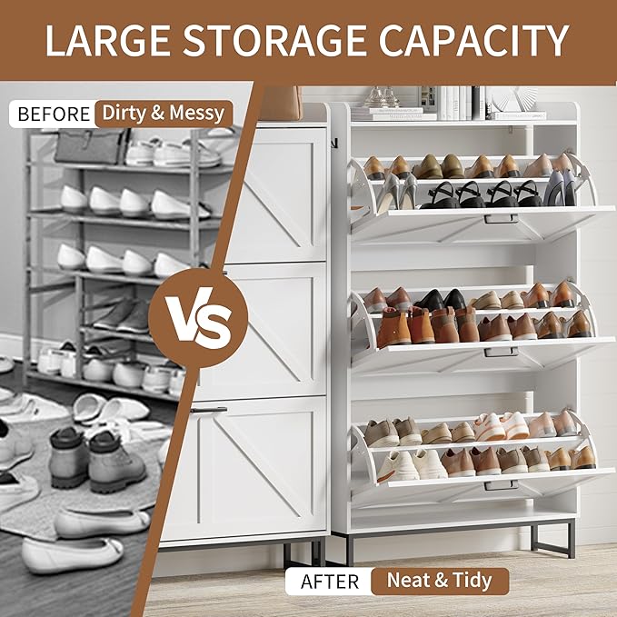 Shoe Cabinet with 3 Flip Drawers, Freestanding Hidden Shoe Storage Organizer for Entryway, Narrow Slim Shoe Rack Cabinet with Open Storage & Hooks for Front Door Entrance, Living Room, Hallway, White