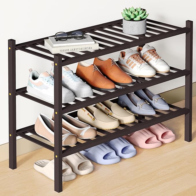 Smiry Bamboo Shoe Rack for Closet, 3 Tier Wooden Shoe Organizer, Stackable Wood Shoe Storage Shelf for Entryway, 14 Vertical Slats, One-piece Heavy-Duty Legs, 26.77"x11.02"x18.31", Brown
