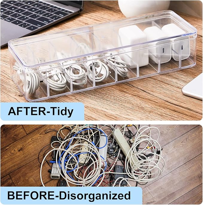 Tatuo 1 Pcs Cable Organizer Box with Wire Ties, Plastic Cord Storage Box with Lid, Electronics Organizer for Home Office Desk Organizers and Accessories (Clear)