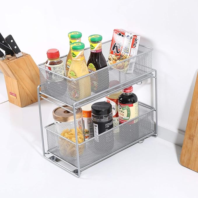 2 Tier Sliding Basket Stackable Cabinet Pull-Out Drawer Mesh Organizer