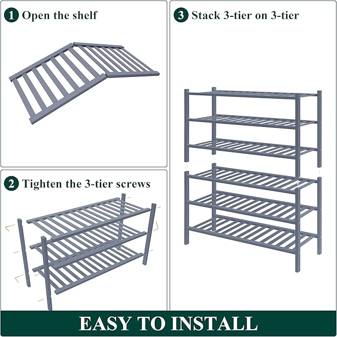 Smiry Bamboo Shoe Rack for Closet, 6 Tier Wooden Shoe Organizer, Stackable Wood Shoe Storage Shelf for Entryway, 14 Vertical Slats, 3+3 Stack Heavy-Duty Legs, 26.77"x11.02"x36.61", Grey