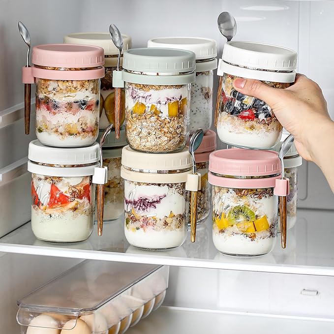 4 Pack Overnight Oats Containers with Lids and Spoons, Fruit