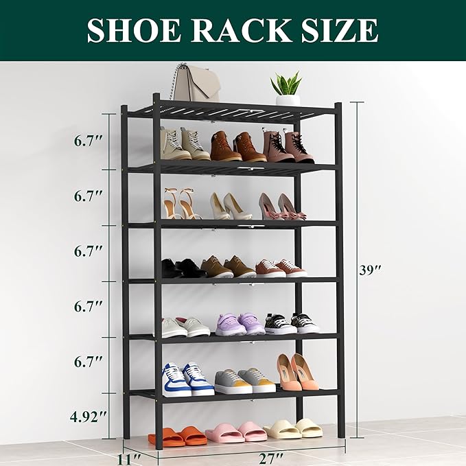 Smiry Bamboo Shoe Rack, 6 Tier Free Standing Wooden Shoe Organizer, Stackable Wood Shoe Storage Shelf for Closet, Entryway, 14 Vertical Slats, 2+2+2 Stack Heavy-Duty Legs, 26.8"x11"x39", Black