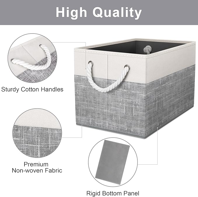 Fab totes Storage Bins 8-Pack, Foldable Storage Baskets for Organizing Toys, Books, Shelves, Closet, Large Storage Box with Rope Handles, Sturdy Organizer Bins, White & Grey