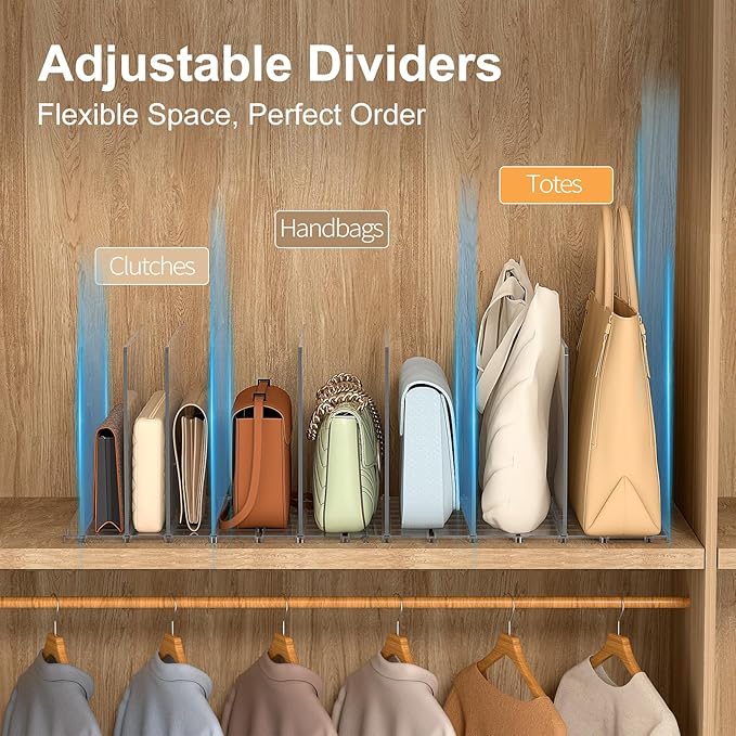 SortNStore Bag & Purse Organizer for Closet: Adjustable Clear Handbag Storage Shelf - Plastic Clutch Dividers for Closet Organizers and Storage - Keep Carteras & Pocketbook Upright