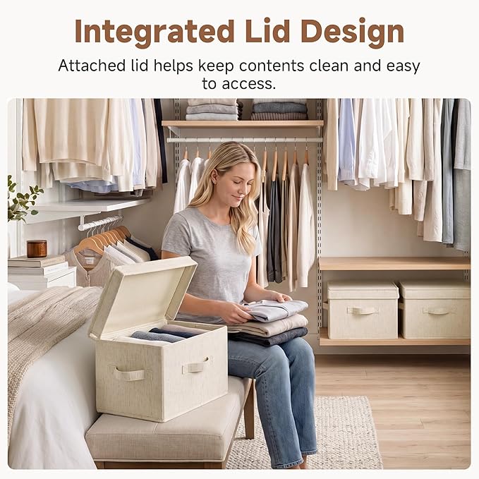 StorageWorks Fabric Storage Bins with Lid, Decorative Storage Boxes for Shelves, Stackable Closet Organizer Basket with Handles, Medium, Beige, 2-Pack