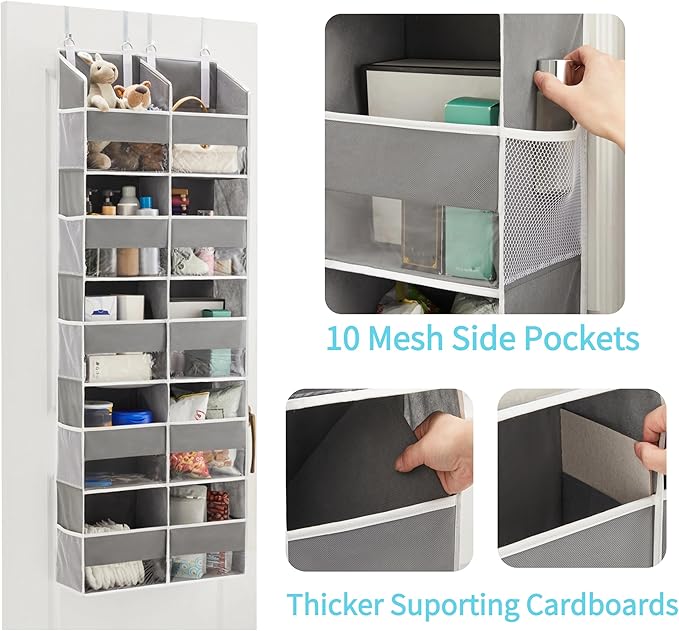 Over the Door Organizer 5 Tiers, Extra Large Behind Door Storage of 10 Compartments, Anti Tilt Hanging Organizer for Closet, Diaper Organizer, Bedroom, Bathroom, Pantry, Nursery, (Grey)