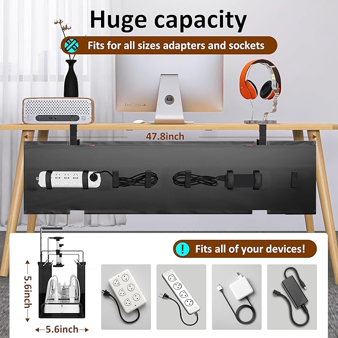 48" Gaming Under Desk Cable Management Tray, Black No Drill Cord Organizer for PC Setup, Large Anti-Sag Wire Hider, Stealth Cable Management Net for Battlestation (Black, 47.8")