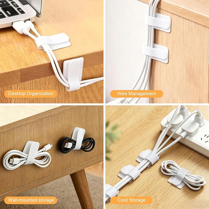 100pcs Hook and Loop Cable Straps,Under Desk Cable Management,Adjustable Cord Organizer for Desk Home Office Organization (White)