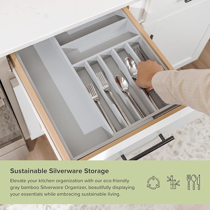 KitchenEdge Premium Silverware, Flatware and Utensil Organizer for Kitchen Drawers, Food-Safe Contract Grade, Expandable from 10.5 to 19 In, Gray Bamboo