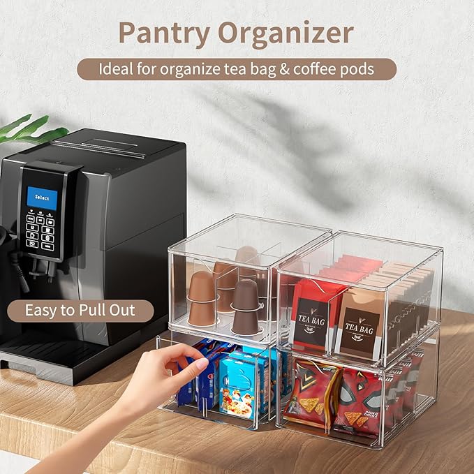 4 PCS Clear Stackable Storage Drawers with Adjustable Dividers, 6 Compartments Large Tea Bag Organizers, Acrylic Food Storage Bins for Pantry, Kitchen Cabinet, Fridge, Sugar & Spice Packets, Snacks