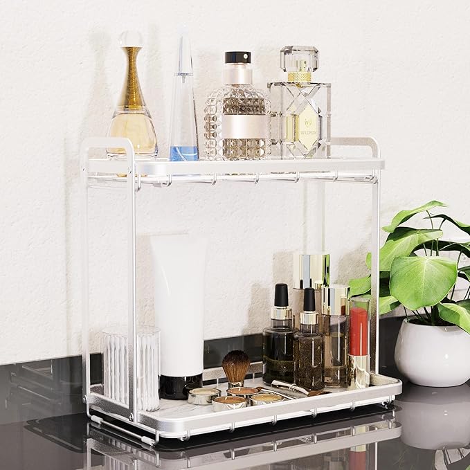 Counter Organizer for Bathroom, Kitchen or Coffee Bar, Metal Shelf with Faux Marble, Vanity Countertop Makeup Storage, Dresser Perfume Display Rack, Toilet Tank Tray (Matte Nickel, 2-Tier)