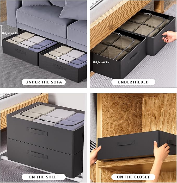 CYhom 3Pcs Under Bed Storage Bins with Metal Frame - Shoe Organizer for Closet with Clear Cover Oxford Fabric Sturdy Underbed Container Foldable Stackable Clothes Organizer (Black, 23.5x15.7x6.3)
