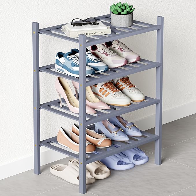 Smiry Bamboo Shoe Rack for Closet, 4 Tier Small Wooden Shoe Organizer, Stackable Wood Shoe Storage Shelf for Entryway, 14 Vertical Slats, 2+2 Stack Heavy-Duty Legs, 17.32"x11.02"x25.98", Grey