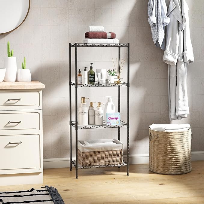 4-Tier Wire Storage Shelves, 12"D x 18"W x 44"H, Black