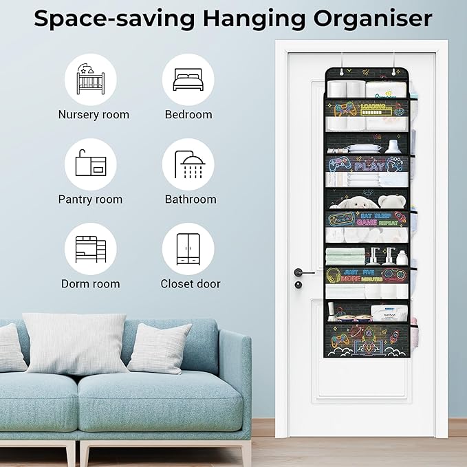 Clastyle Neon Video Gamer Over the Door Organizer with Clear Window Mesh Pocket 44 lbs Weight Capacity Nursery Hanging Shelf for Diaper Toy Closet Door Storage for Bedroom Bathroom Pantry