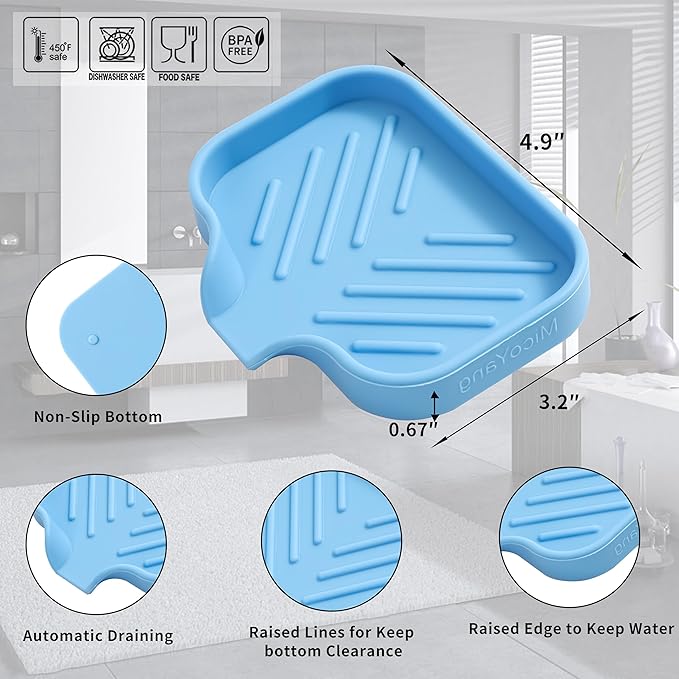 MicoYang Silicone Soap Dish with Drain Spout — Self-Draining Sink Organizer Tray for Bathroom & Kitchen, Holds Bar Soap, Sponges & Dispensers, Non-Slip & Dishwasher Safe, Light Blue (Small, 4.9"×3.2")