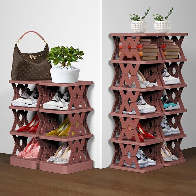 Shoe Rack, 6 Tier Shoe Organizer Fake Wood Pattern, Foldable Small Shoe Storage Space Saving, Collapsible Shoe Organizer for Closet, Front Door Entrance, Entryway, Bedroom, Brown
