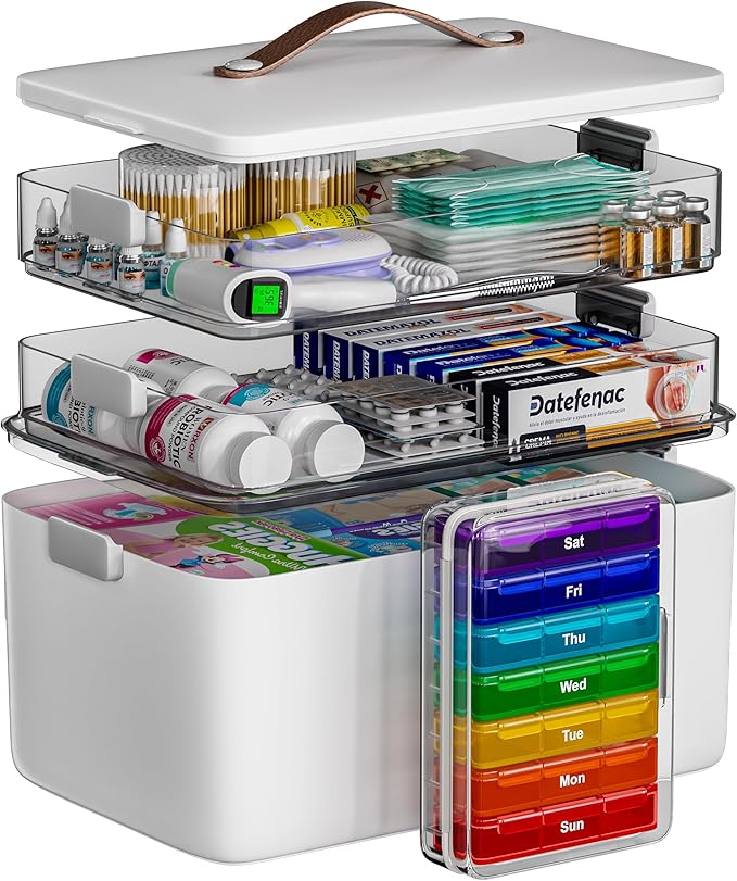 CTIME 3-Tier Medicine Organizer with Pill Case - Portable Pill Case & Empty First Aid Kit for Home, Travel, RV, School, Dorm, Ideal Elderly, Father Gift