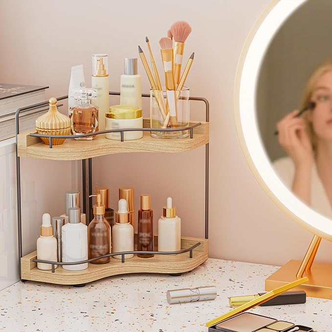 2-Tier Corner Bathroom Counter Organizers, Stable Wood Vanity Shelf for Perfume, Skincare & Makeup, Larger Size Countertop Organizer and Storage for Bathroom, Kitchen and Dresser(Light Brown)