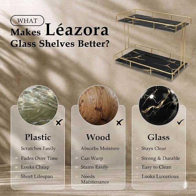 2-Tier Black Marble Bathroom Countertop Organizer – Glass Shelves & Gold Metal Frame, Stylish Vanity Storage Shelf for Perfume, Skincare, Makeup & Toiletries