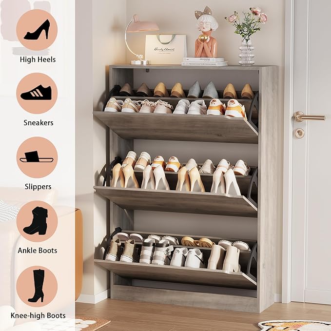 Shoe Storage Cabinet, Wood Shoe Organizer for Entryway with 3 Flip Drawers, Freestanding Shoe Rack with Adjustable Shelf, Narrow Shoe Dresser for Front Door Entrance(Grey, 47.2" x 31.5" x 9.25")