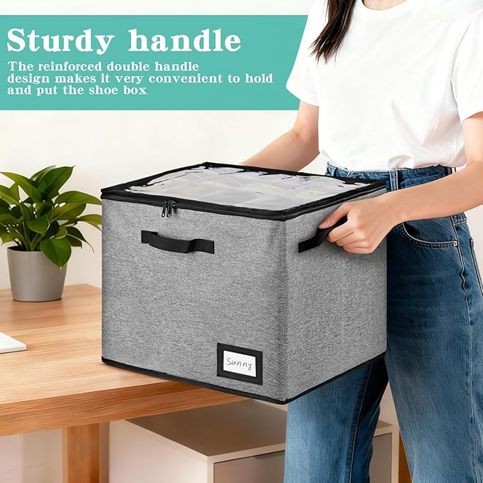UPgraded Stackable Shoe Box Organizer for Closet, Clear Lid & Reinforced Handles, 16-32 Pairs (Sneakers to Heels), Sturdy Storage Solution for Home, Travel & Entryway, Grey