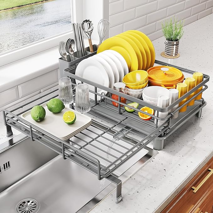 Dish Drying Rack, Extendable Dish Rack, Grey