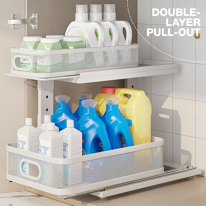 1 Pack 15IN-Depth Under Sink Organizer with Next-Gen Ball-Bearing Slides,2-Tier Precision Mesh Pull Out Cabinet Storage for Bathroom&Kitchen,Height Adjustable Drawers Shelf,Anti-Rust-White