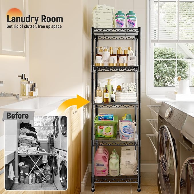 DurayLoly 5-Tier Narrow Shelf for Small Spaces, 15.8" W Metal Shelving Unit, Adjustable Wire Rack, Freestanding Storage for Bathroom, Laundry, Kitchen Pantry, Black
