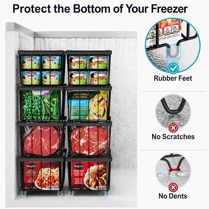 iSPECLE Chest Freezer Organizer Bins - Fits 7 Cu.Ft Deep Freezer, 6 Pack Stackable Wire Baskets(14.7" Length), Heavy Duty Coated Freezer Organizer, Rust Resistant for Frozen Food Sorting, Black