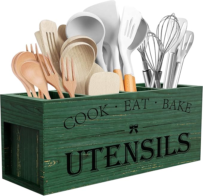 Extra Large Kitchen Utensils Holder with 4 Compartments, Green grain