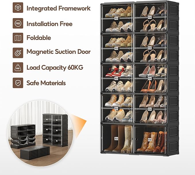 Vipbox Shoe Rack Organizer Cabinet for Closet Entryway,Clear Shoe Storage Boxes Stackable Sneaker Storage with Door Easy Assembly Black Shoe Cabinet with Lids Large 9 Tiers 36 Pairs