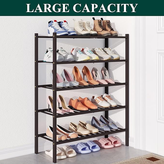 Smiry Bamboo Shoe Rack for Closet, 5 Tier Wooden Shoe Organizer, Stackable Wood Shoe Storage Shelf for Entryway, 14 Vertical Slats, 2+3 Stack Heavy-Duty Legs, 26.77"x11.02"x31.3", Brown