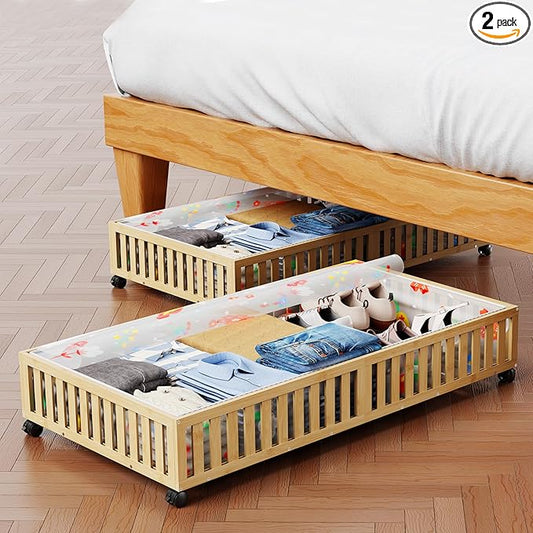 Bamboo Under Bed Storage Containers with Wheels, 2Pack
