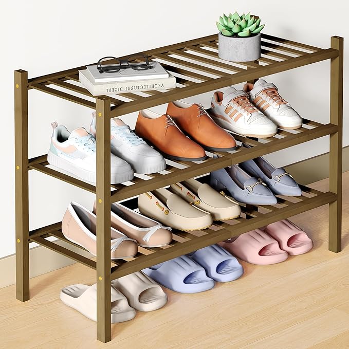 Smiry Bamboo Shoe Rack for Closet, 3 Tier Wooden Shoe Organizer, Stackable Wood Shoe Storage Shelf for Entryway, 14 Vertical Slats, One-piece Heavy-Duty Legs, 26.77"x11.02"x18.31", Walnut