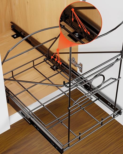 Pull Out Trash Can Holder, Adjustable Heavy Duty Cabinet Slide Out Kit for 7-11 Gallon Trash Cans, Under Sink Trash Can Rack with Smooth Ball Bearing Slides, Black, Trash Can Not Included
