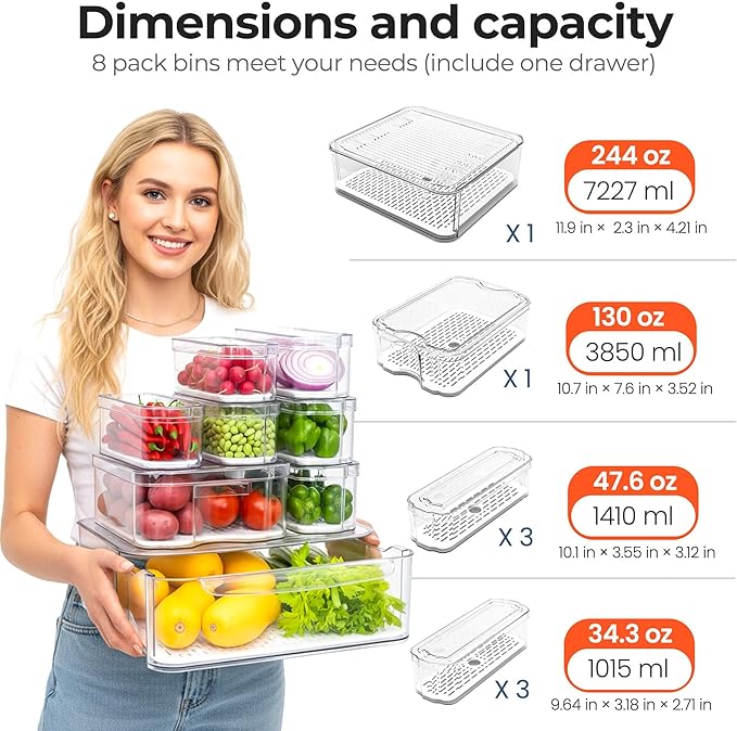 SMRCAD 8 Pack Refrigerator Organizers, Clear Pull-out Drawer Container and Organizer Bins with Lids, Stackable Storage Containers for Fruits, Vegetable (Set of 8 (Include Pull Out Drawer))